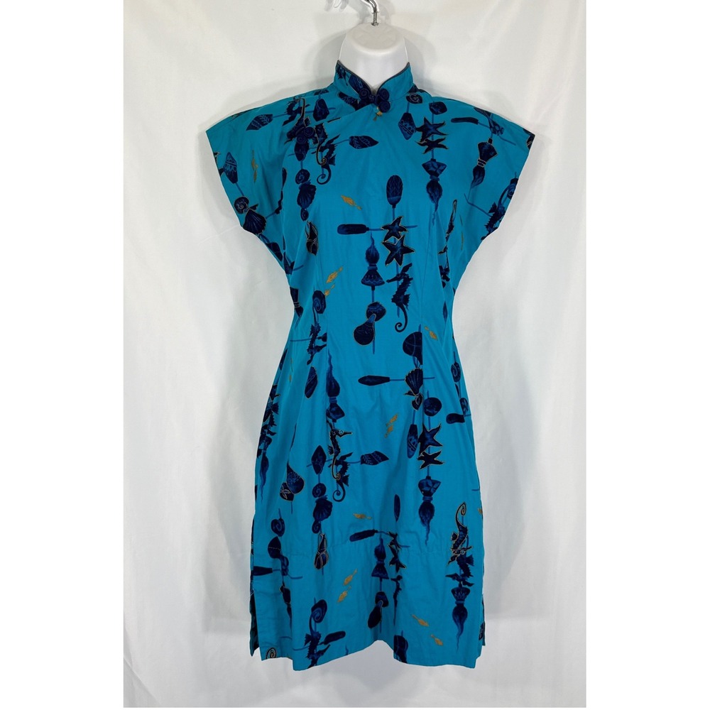 VTG Malihini Hawaii Cheongsam Asian Dress Turquoise Seahorse Starfish Gold XS